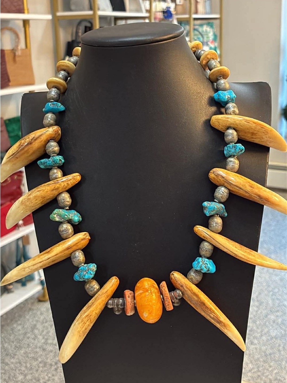 Artisan Turquoise & Bone Statement Necklace - Natural Amber Accent